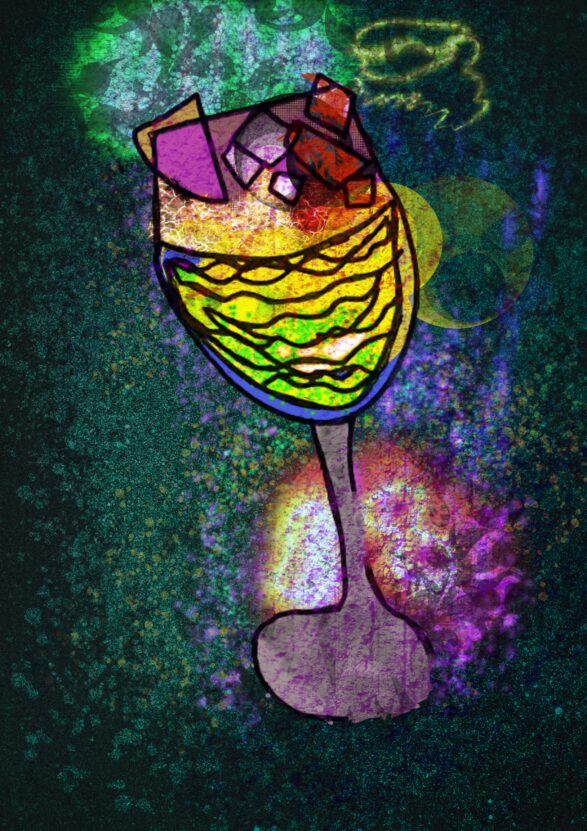 Bright and colourful digital drawing of a cocktail glass by Amy Ellison