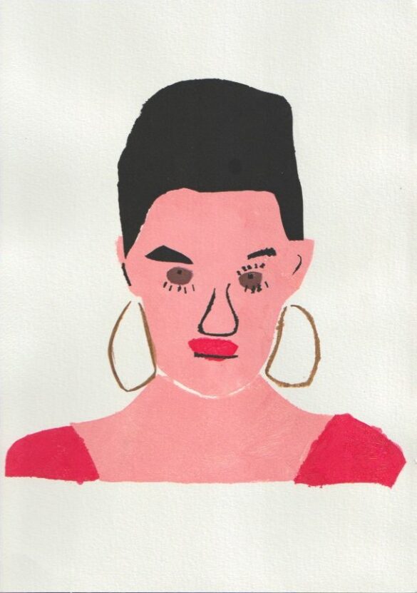 Print of portrait of a woman's face with big gold hoop earrings and a red top