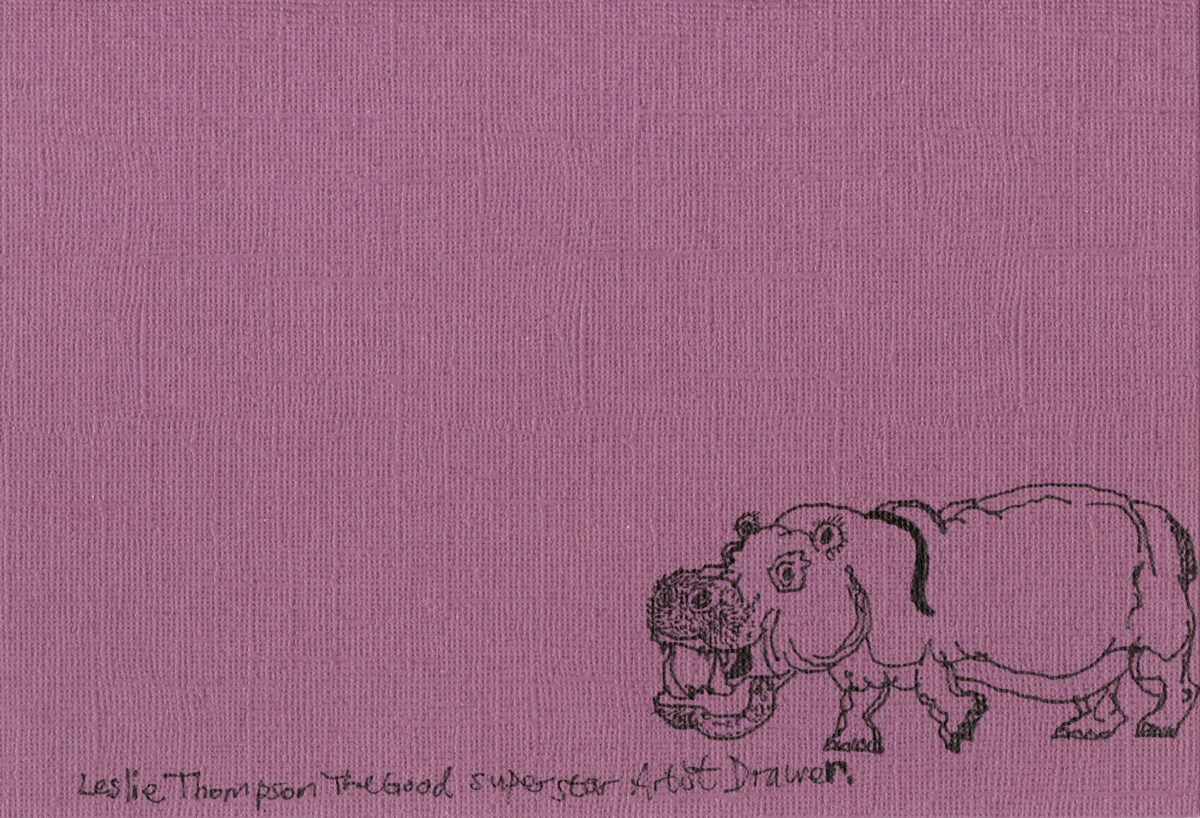 An ink drawing of a hippopotamus by Leslie Thompson, drawn onto purple card