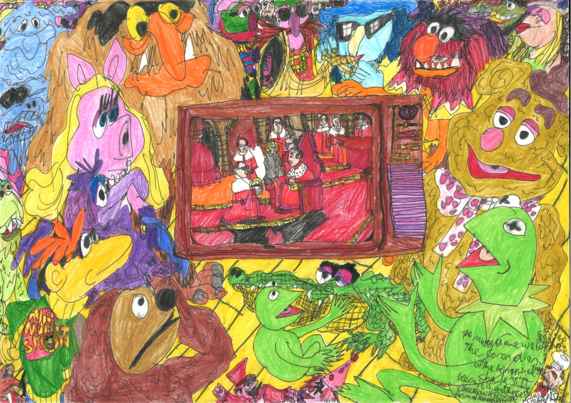 An illustration of the muppets watching the King's coronation on TV.