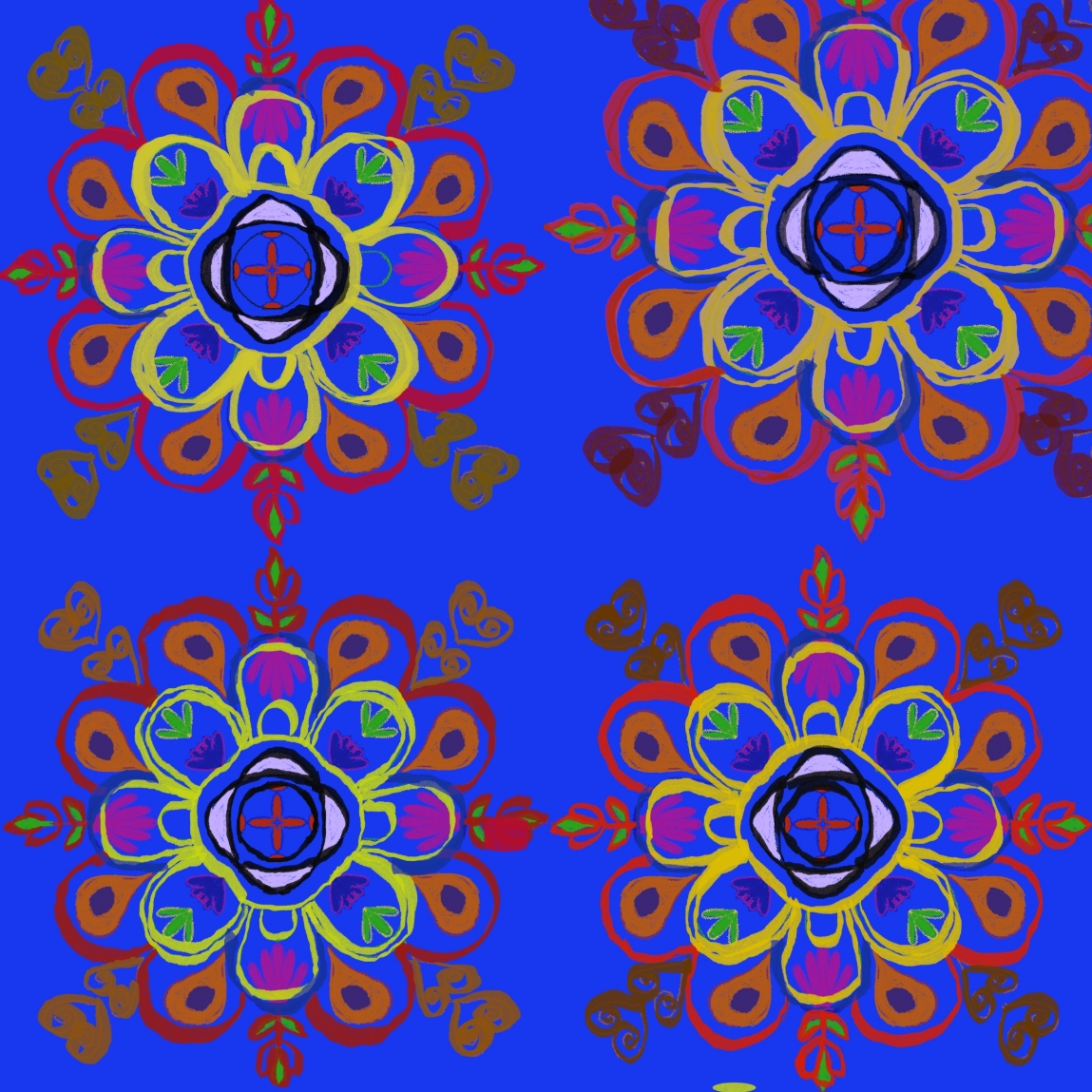 Digital drawing in a flower pattern, in blue, yellow, pinks and orange.