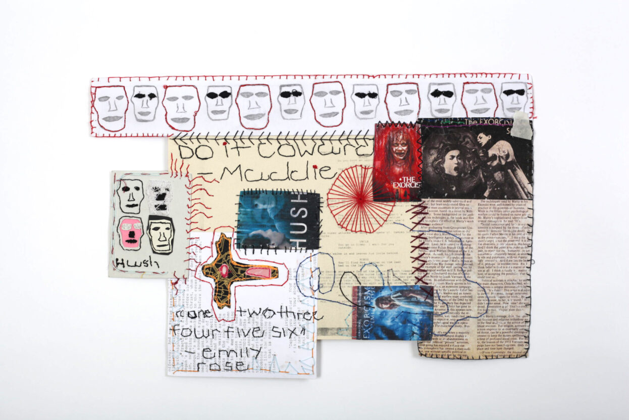 A mixed media design by Quinza Ashraf featuring faces and text, stitched together and embroidered