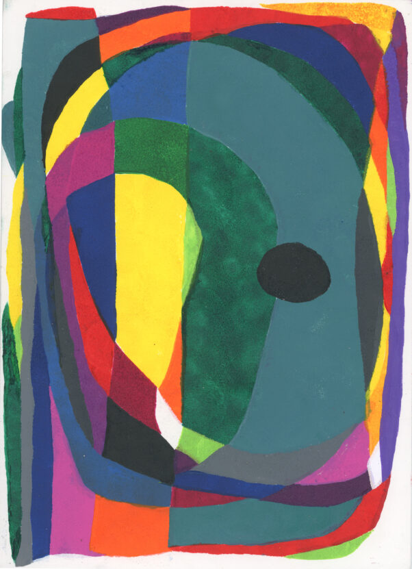 An abstract print created by Ahmed Mohammed in shades of green, blue, red and yellow