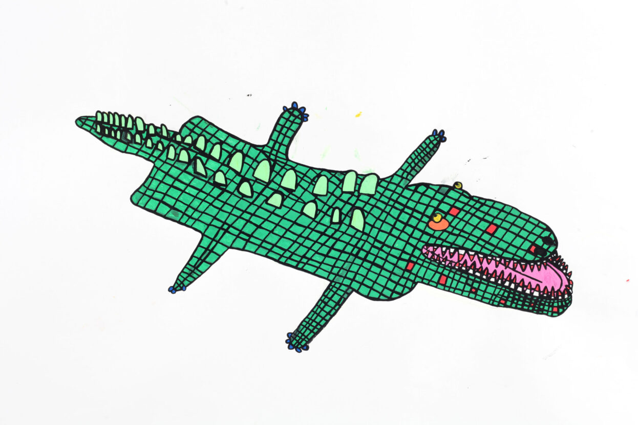 A bright green illustrated crocodile by Andrew Johnstone