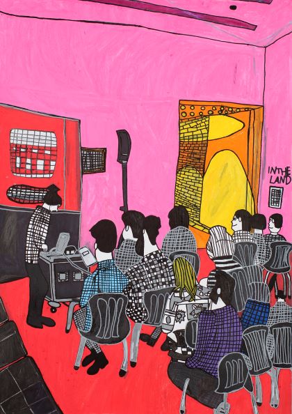 Illustration of people sitting in a pink room listening to a performance