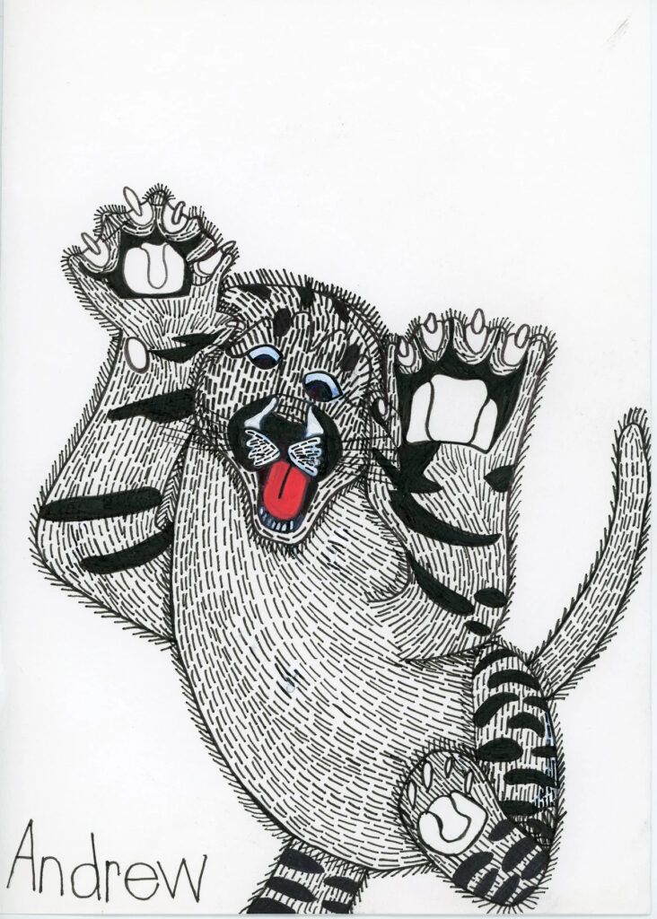 Illustration of a mountain lion in black and white with a red tongue, by Andrew Johnstone