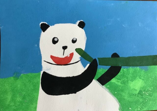 Stencil print of a panda against a blue and green background, by Chelsea Dalton