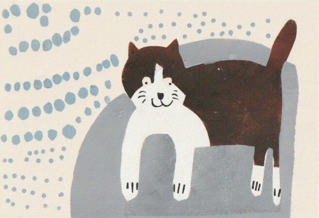 Stencil print of a brown and white cat, by Chelsea Dalton