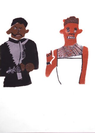 Stencil print of two figures against a white background, by Deborah Makinde