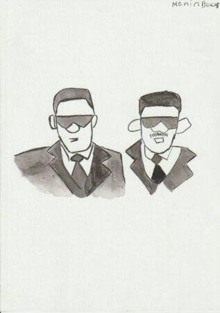 Pencil and watercolour drawing of two men wearing black suits and sunglasses, by Deborah Makinde