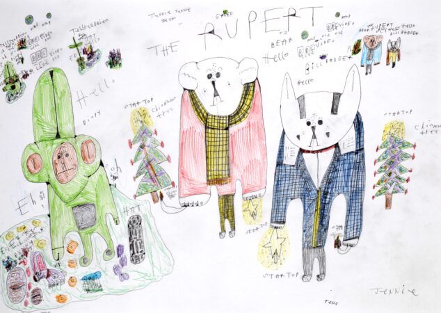 Hand drawn and coloured illustrations of Rupert bear and friends, by Jennie Franklin