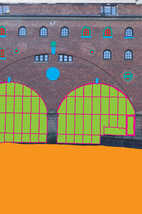 illustration of large green arched windows on a photograph of a building with small windows with an orange illustrated foreground
