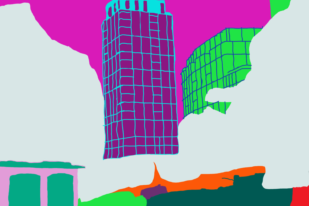 illustration of mall in purple and green tower blocks against a pink sky with green grass in the foreground