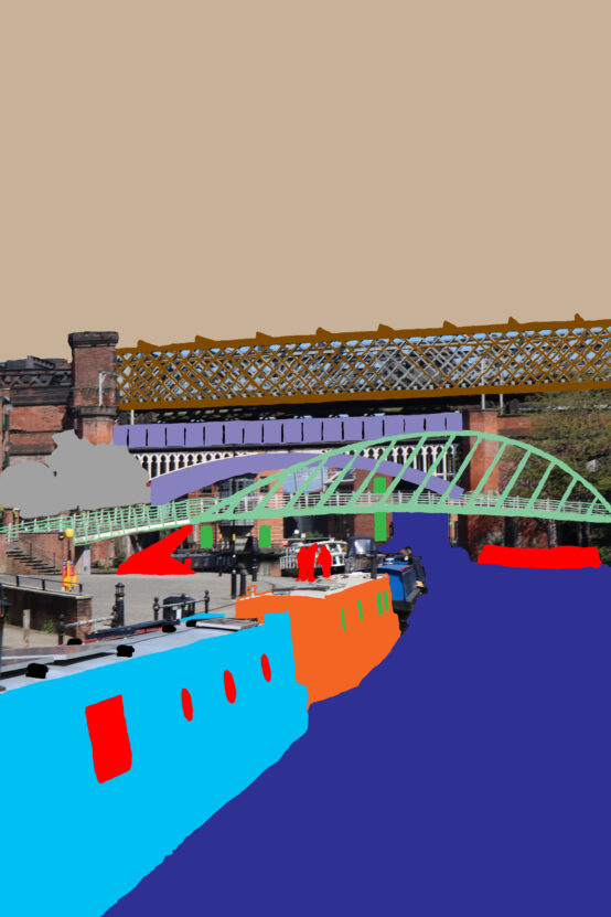 illustration of coal and boats in blue and orange with photograph of bridge behind