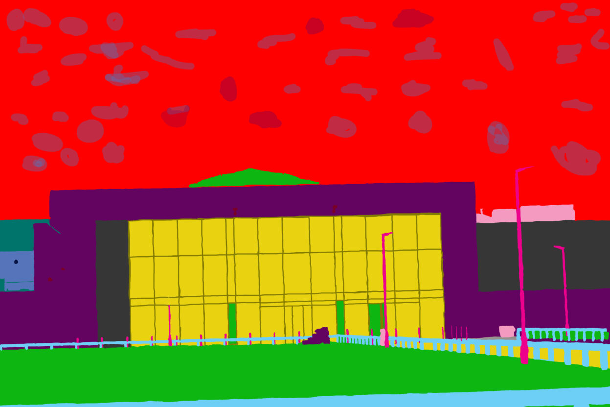 Illustration of shopping mall in purple and yellow against a red sky with green grass in the foreground