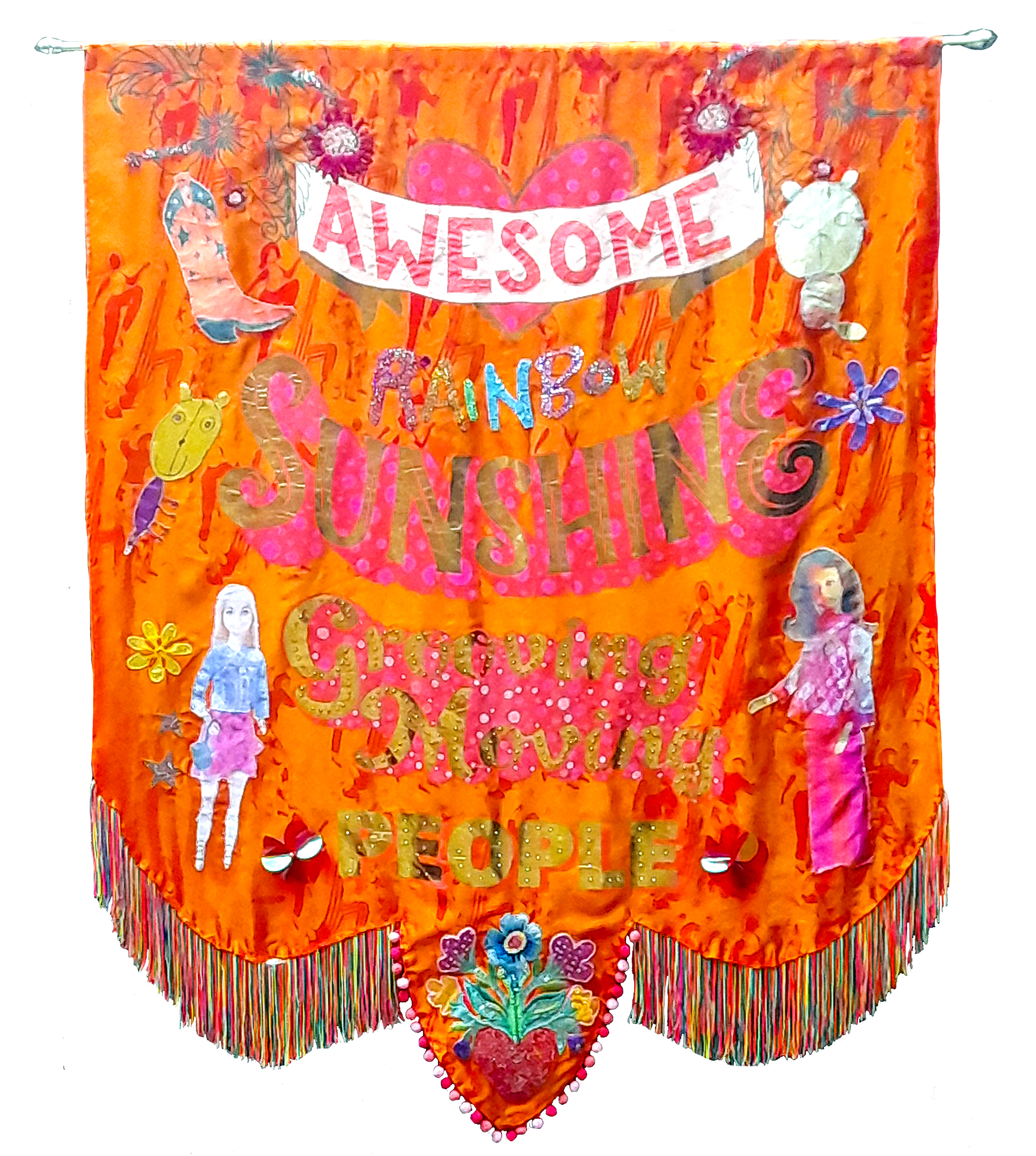 Orange banner with the words 'Awesome Rainbow Sunshine Grooving Moving People'