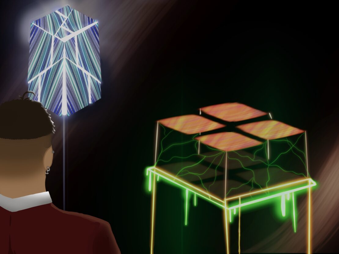 Animated room with back of someones head, crystal block and table with green dripping slime