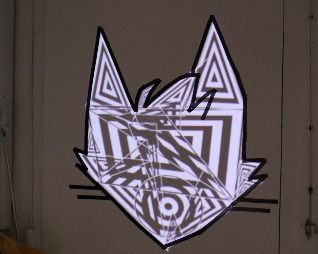 The outline of a cats head with a black and white pattern inside the outline.