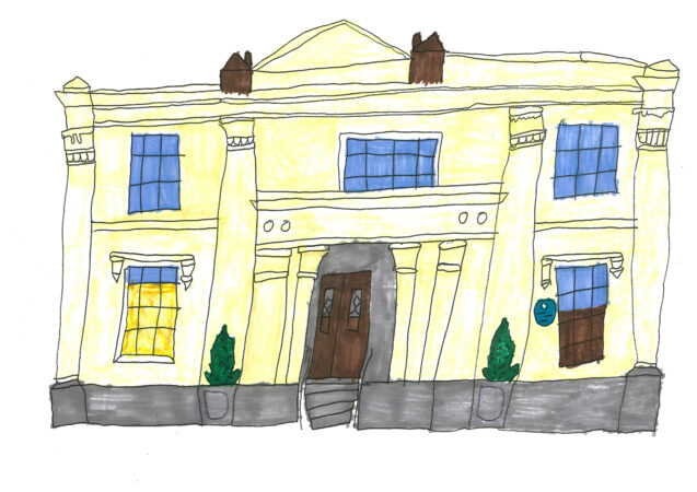 A pencil drawing of Elizabeth Gaskell's house by Sally Hirst, showing the front of the building with entrance hall and blue windows
