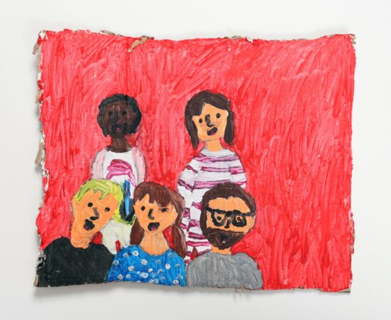 Painting by Sally Hirst of a group of people sitting together against a red background