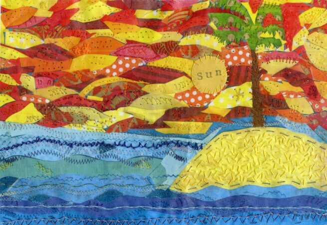 Textile collage created by Sally Hirst showing an island in the sea with a red and yellow sky