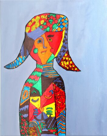 A self portrait of Sally Hirst, inspired by Picasso with lots of different abstract shapes and bright colours