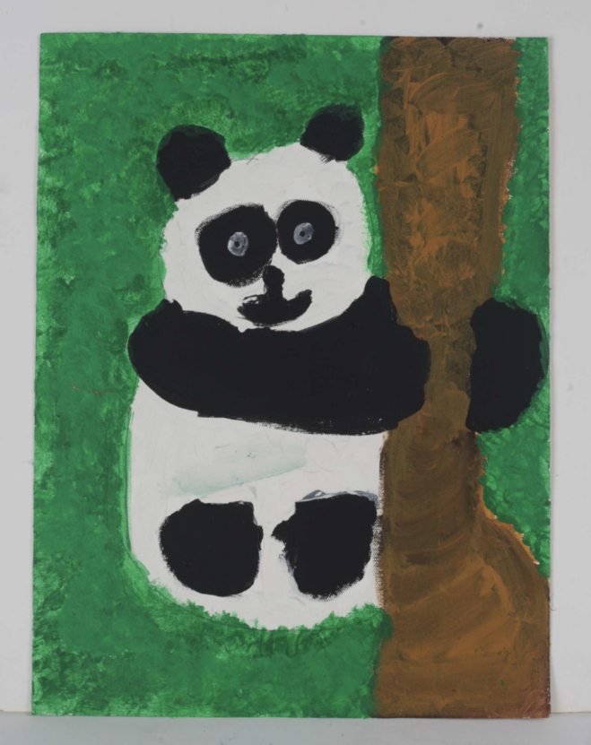 A painting of a Panda holding on to a tree on a green background, by Venture Arts artist Chelsea Dalton.