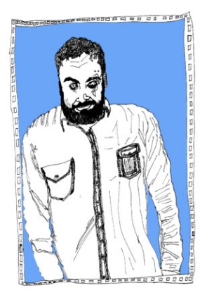 Ink drawing of Dominic Pillai drawn by Leslie Thompson
