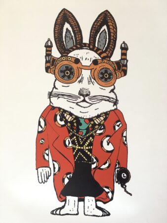 Digital drawing of a white rabbit with goggles and a red jacket, by George Parker-Conway