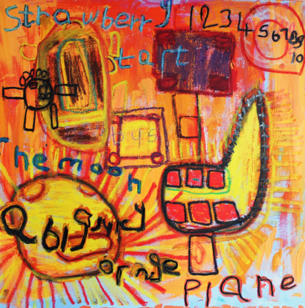 Artwork by Terry Williams in red, orange and yellow, with shapes and text in black and blue