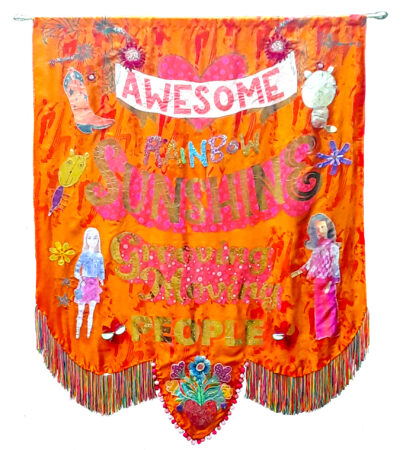 Joe Mills and Daisy McClay, 'Awesome Rainbow Sunshine Grooving Moving People', screen printed and hand stitched textiles, 2022. Featured in 'Until It Looks Like This'.