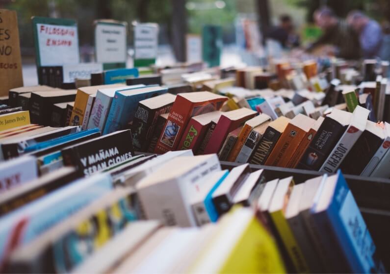 Photograph of books displayed at a book fair