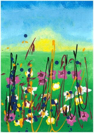 Watercolour painting of a green field with flowers, in front of a sunrise in a blue sky