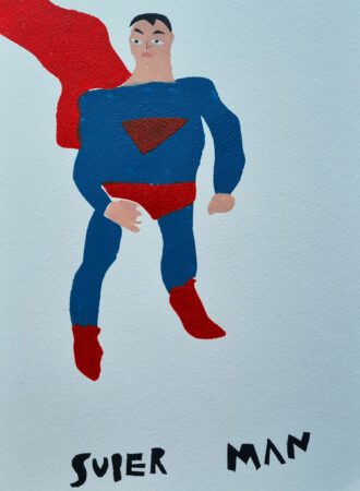 Stencil print of superman by Josh Brown, with the words 'SUPER MAN' at the bottom