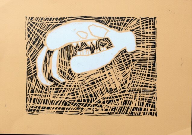 Lino print with black and white details on orange paper, by Luca Agathogli