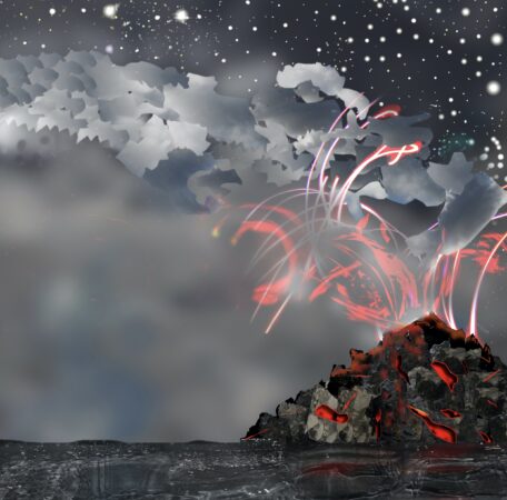 Digital image of a volcano erupting with red lights and starry sky, created by Malik Jama