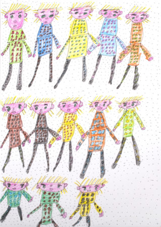 A picture by Maureen Callaghan of three rows of people, all with different coloured and patterned outfits