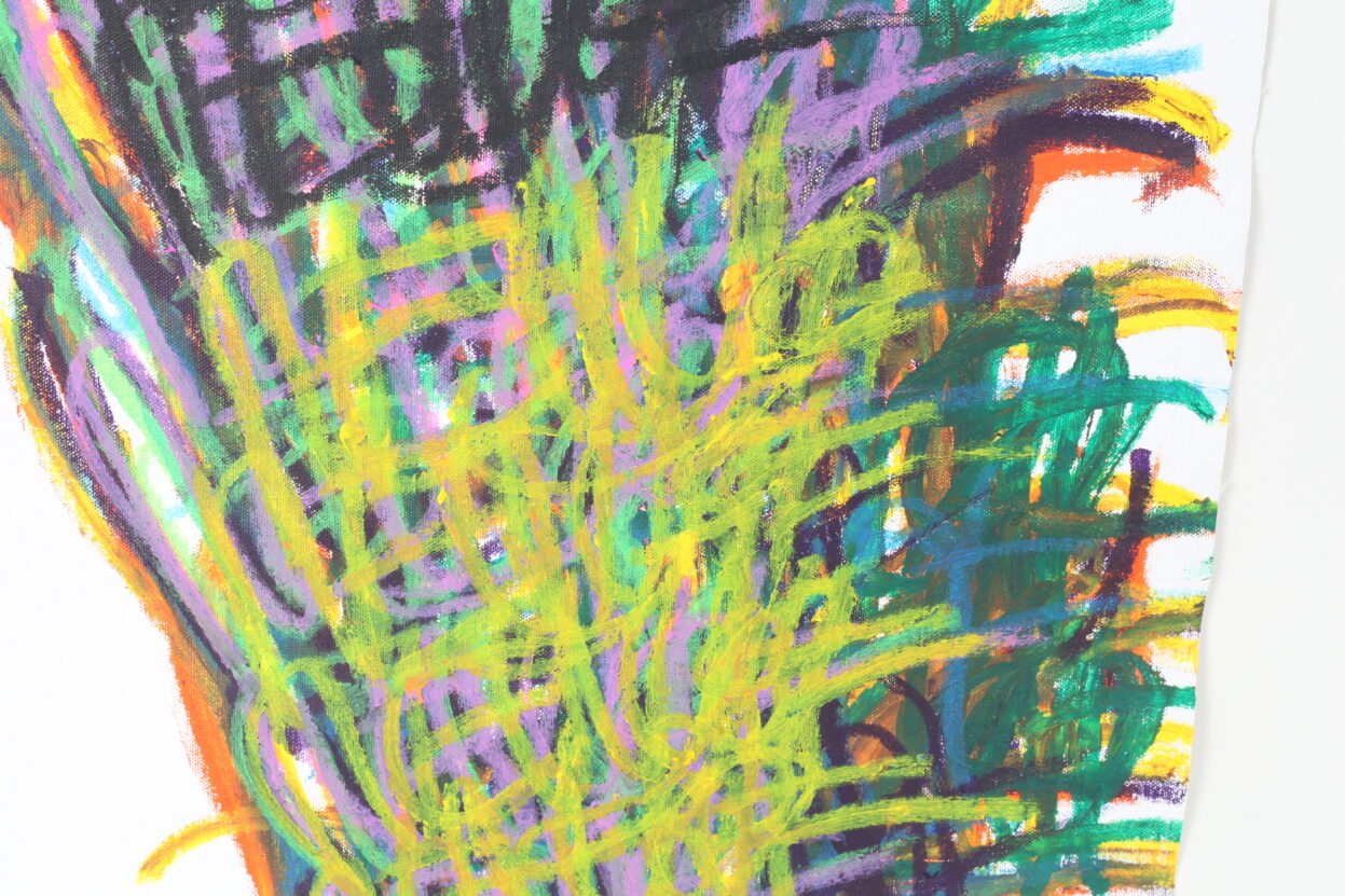Abstract painting with sweeping yellow, purple, green and black lines.