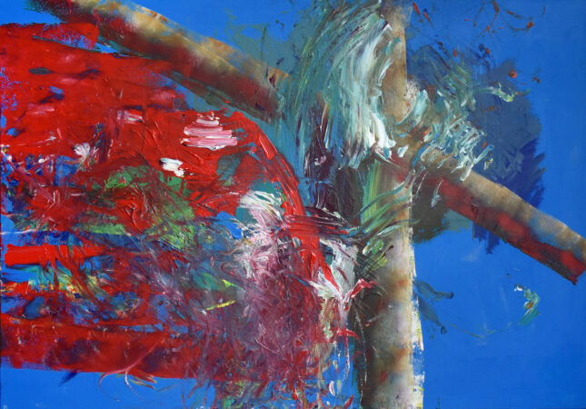 Abstract art, bright blue background, with red paint, and the impression of tree branches