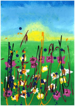 Artwork showing a bright green field with abstract flowers and the sun in a bright blue sky