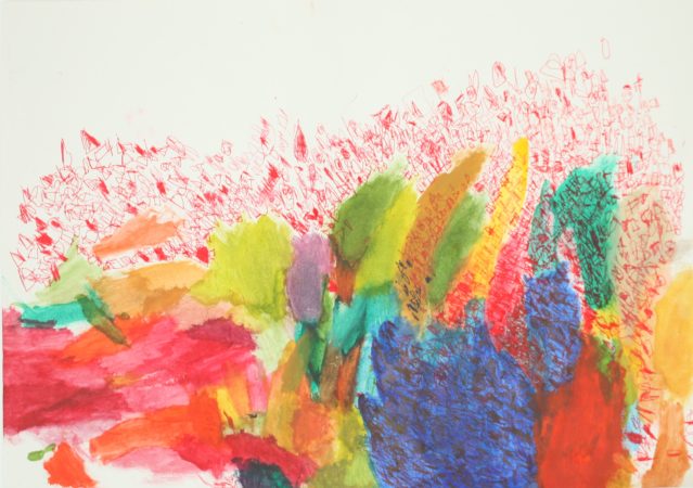 Abstract multicoloured painting with red ink detail on top of the paint