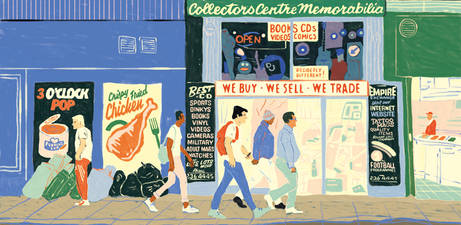 Illustration artwork of figures walking on a pavement in front of shops, like high street. Main colours are blue, green and beige