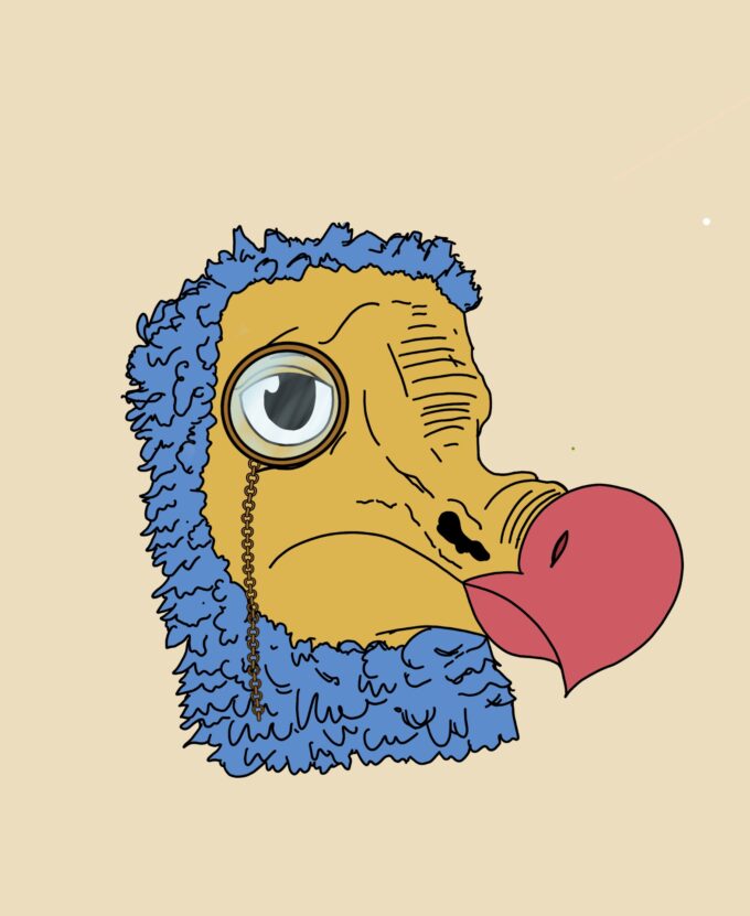 Digital illustration of a dodo's head wearing a monacle
