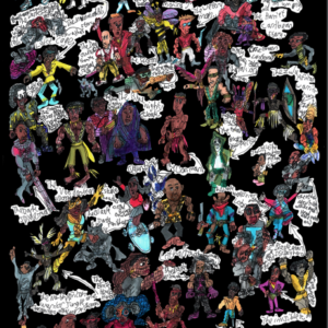 Front cover image of a book covered in illustrations of comic book heros