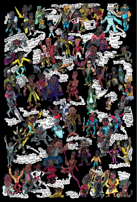 Front cover image of a book covered in illustrations of comic book heros