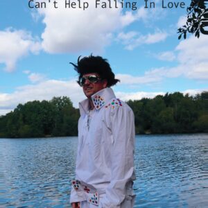 Zine front cover with man dressed as Elvis in front of a lake
