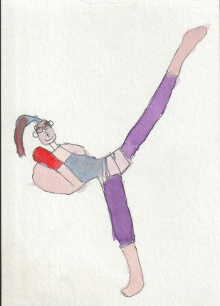 A water colour painting of a girl kickboxing in purple trousers.