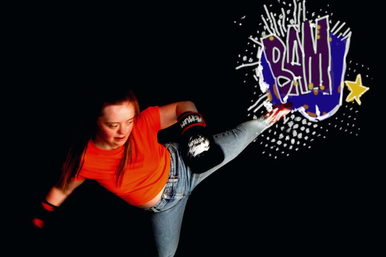 A digitally enhanced photo of the artist kickboxing.