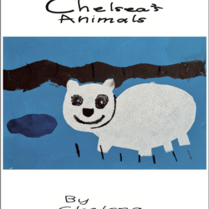 Zine front cover with white animal on a blue background