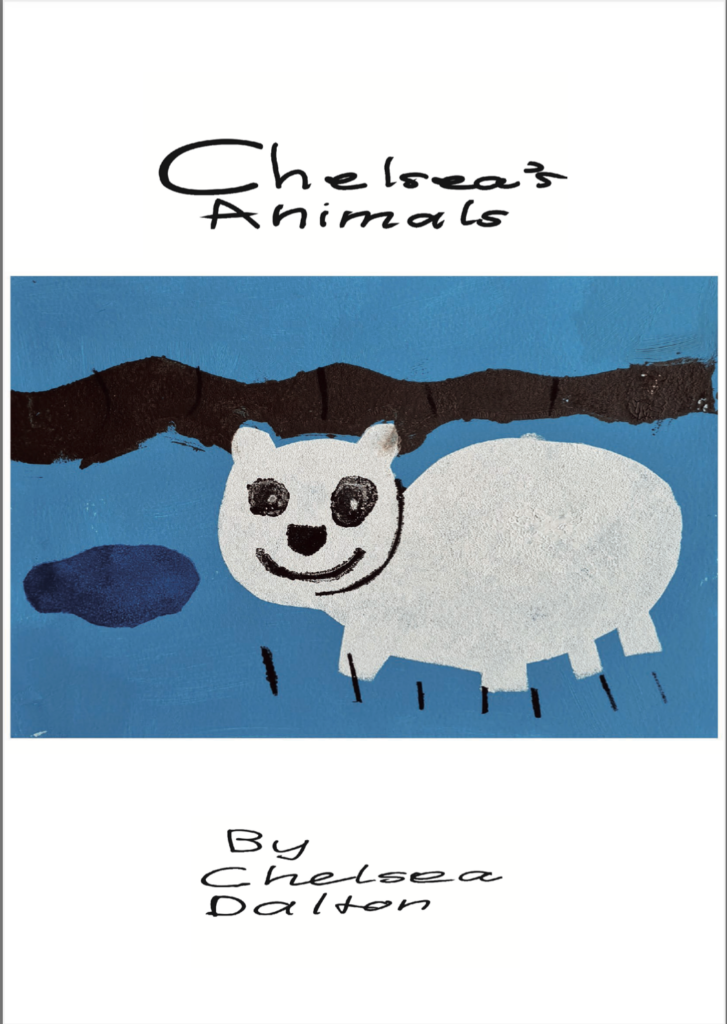 Zine front cover with white animal on a blue background